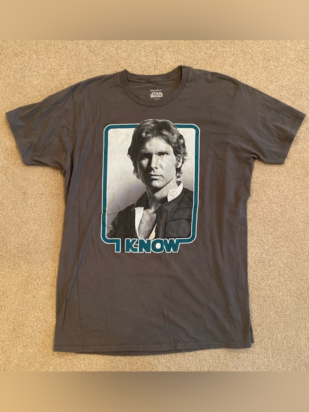Disney Parks Star Wars Han Solo “I Know” Adult Shirt Size XL Grey/Teal
